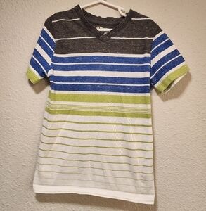 Striped V-Neck Kids T-Shirt - Blue, Green, White Size Small (8)